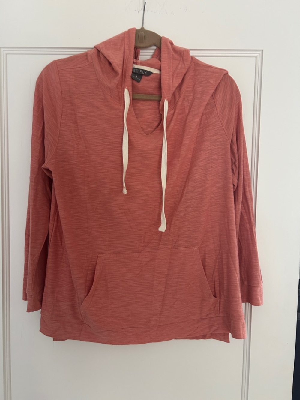 Slub-Knit Coral Hoodie with Ivory Drawcords — Women’s Pullover
